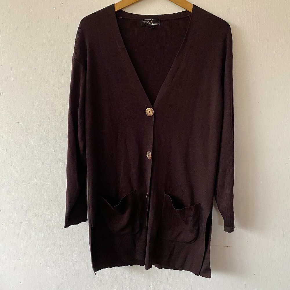Susan Wolf Wool Cardigan Womens Small Brown Oversized Minimalist Neutral Boho